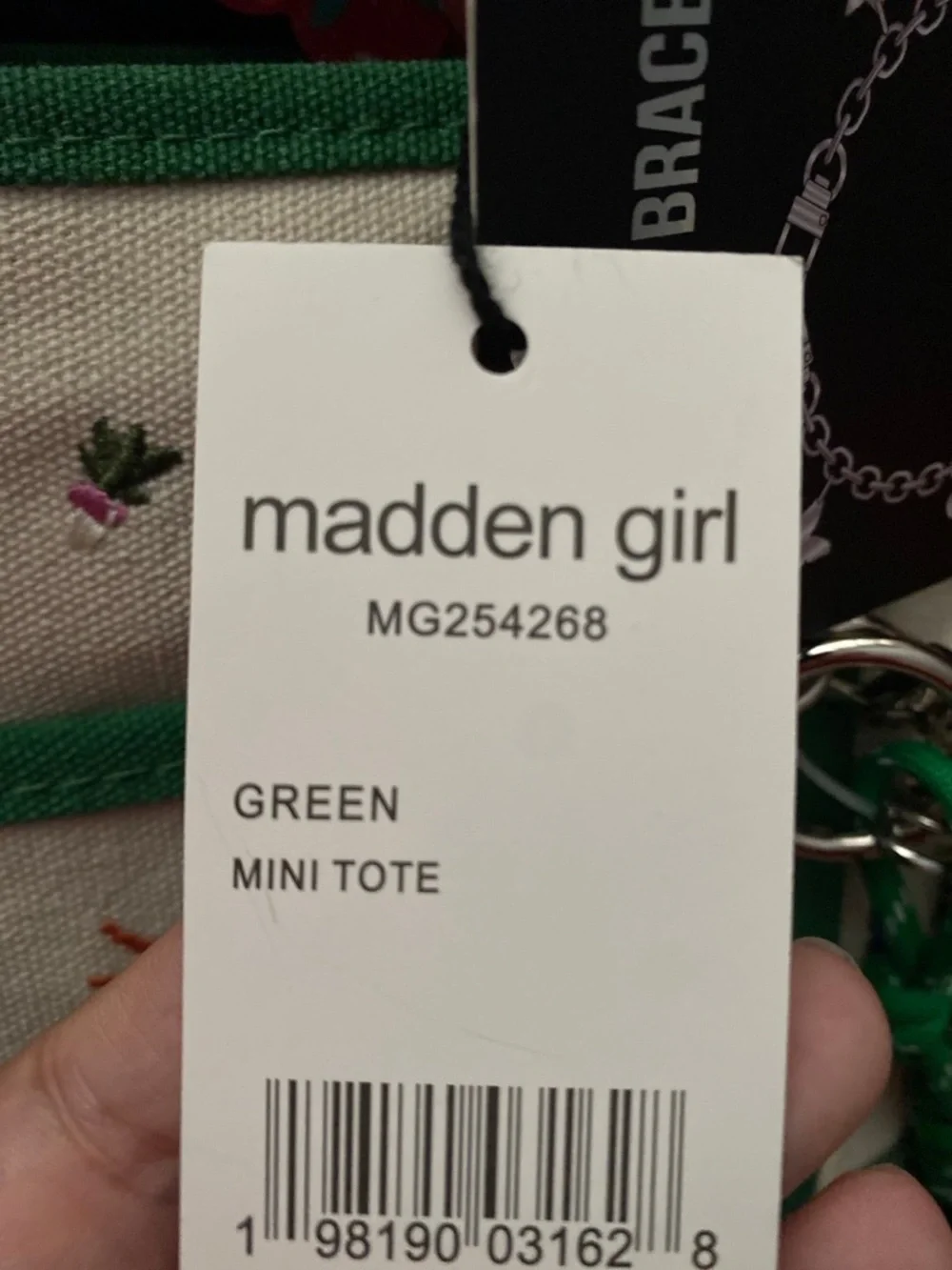 Madden Girl Green and Cream Tote with Red tomatoe Pom & Gingham Scarf scrunchie